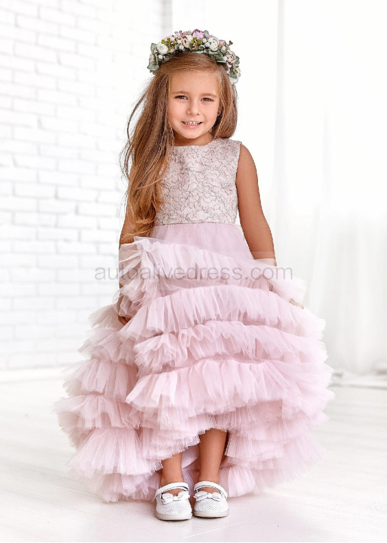 High Low Mauve Pink Lace Tulle Layered Flower Girl Dress